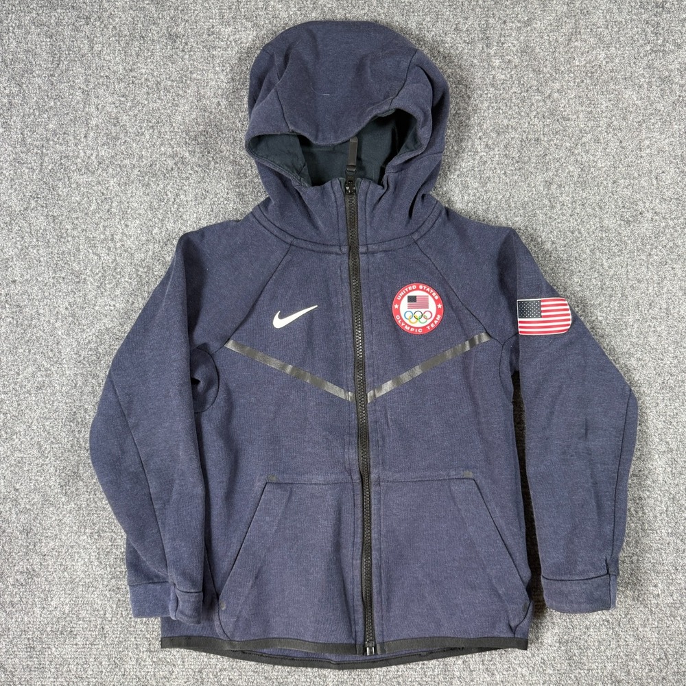Nike Team USA Olympics Hoodie Full Zip Navy Blue Faded Tech Fleece Kids Small
